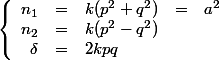 \left\{ \begin{array}{rclcl}n_1 & = & k(p^2+q^2) & = & a^2\\ n_2 & = & k(p^2-q^2)\\\delta & = & 2 k p q\end{array}\right.